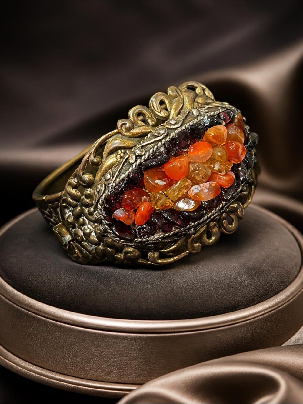 Remastered Vintage Brass Cuff: Gemstone Clamper Bracelet 7"